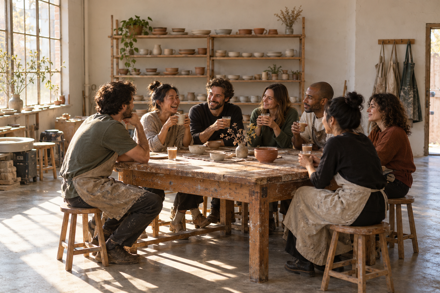 Guests and a host chatting over chai at a pottery studio table after class