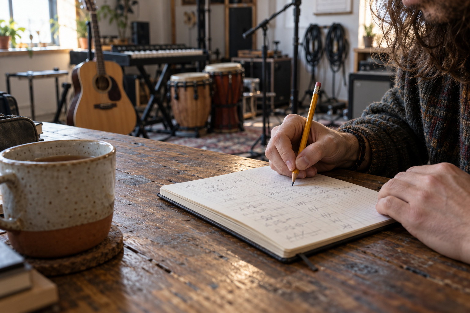 A host writing in a notebook at a studio table with pottery behind