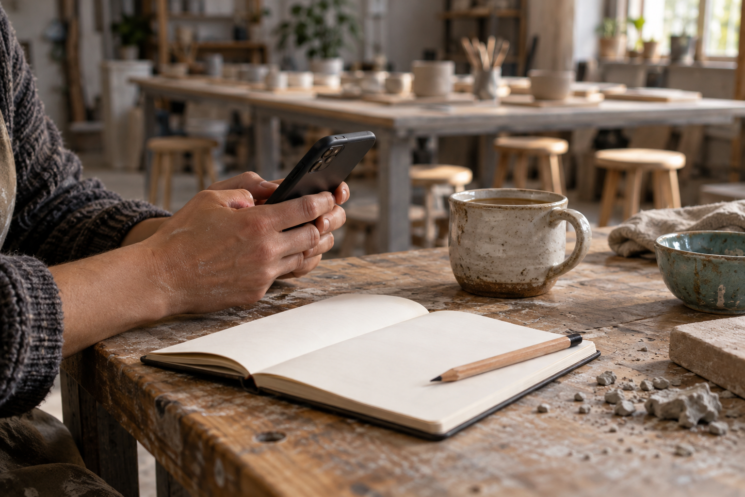A host looks at a booking page on a phone in a workshop space