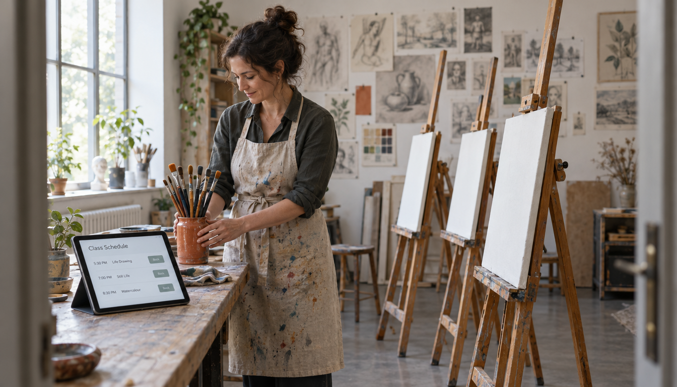 An art teacher setting up canvases and brushes in a studio before a class