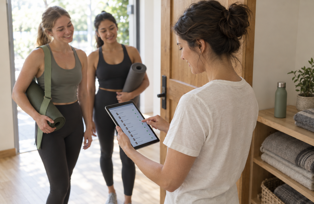 A yoga studio host checking arriving students against an attendee list on a tablet