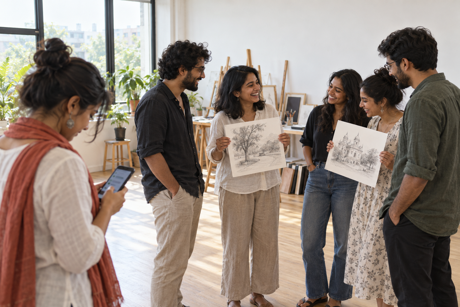 Adult classmates chatting and holding sketches after a drawing class in a bright studio