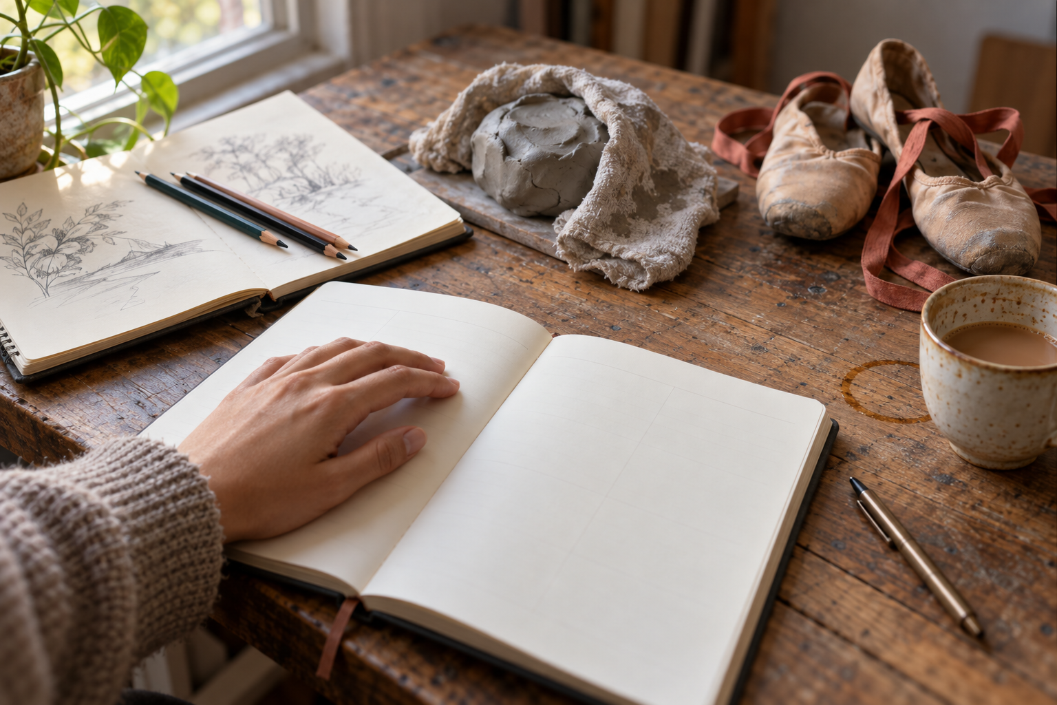 Desk with a weekly planner, sketchbook, clay and dance shoes laid out as hobby choices